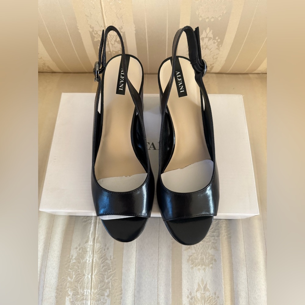 Alfani Florraal Black Leather Slingback Shoes New In Box 3” Block Heel 6.5